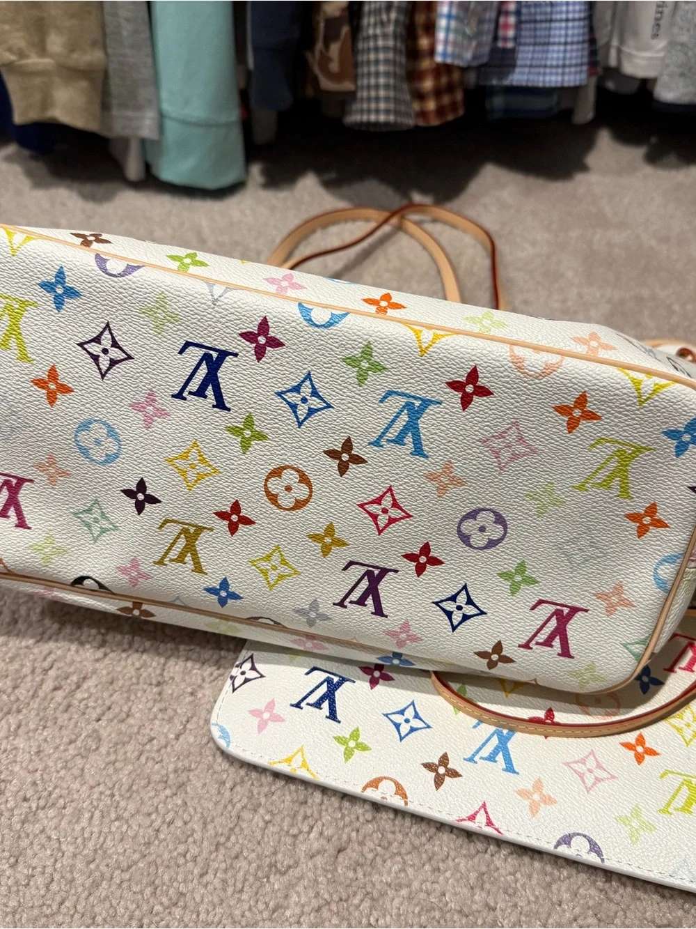 Designer inspired White Multicolor Monogram Canvas Tote with Pouch - Picture 3 of 5